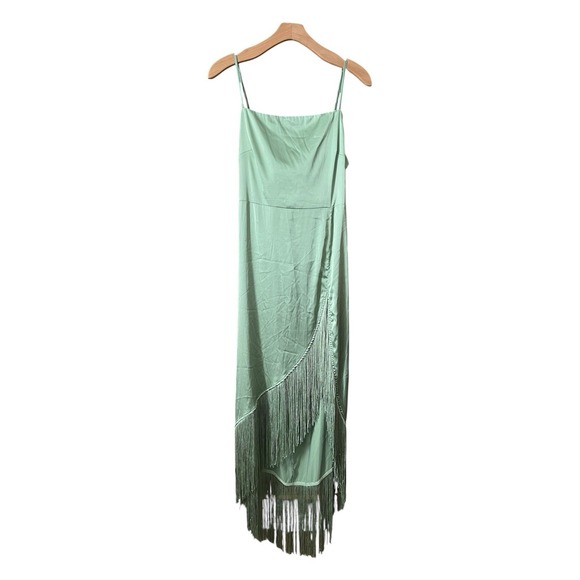 12th Tribe Dresses & Skirts - 12th Tribe Tulum Green Satin Fringe Midi Dress L (M) Open Tie Back Party Boho